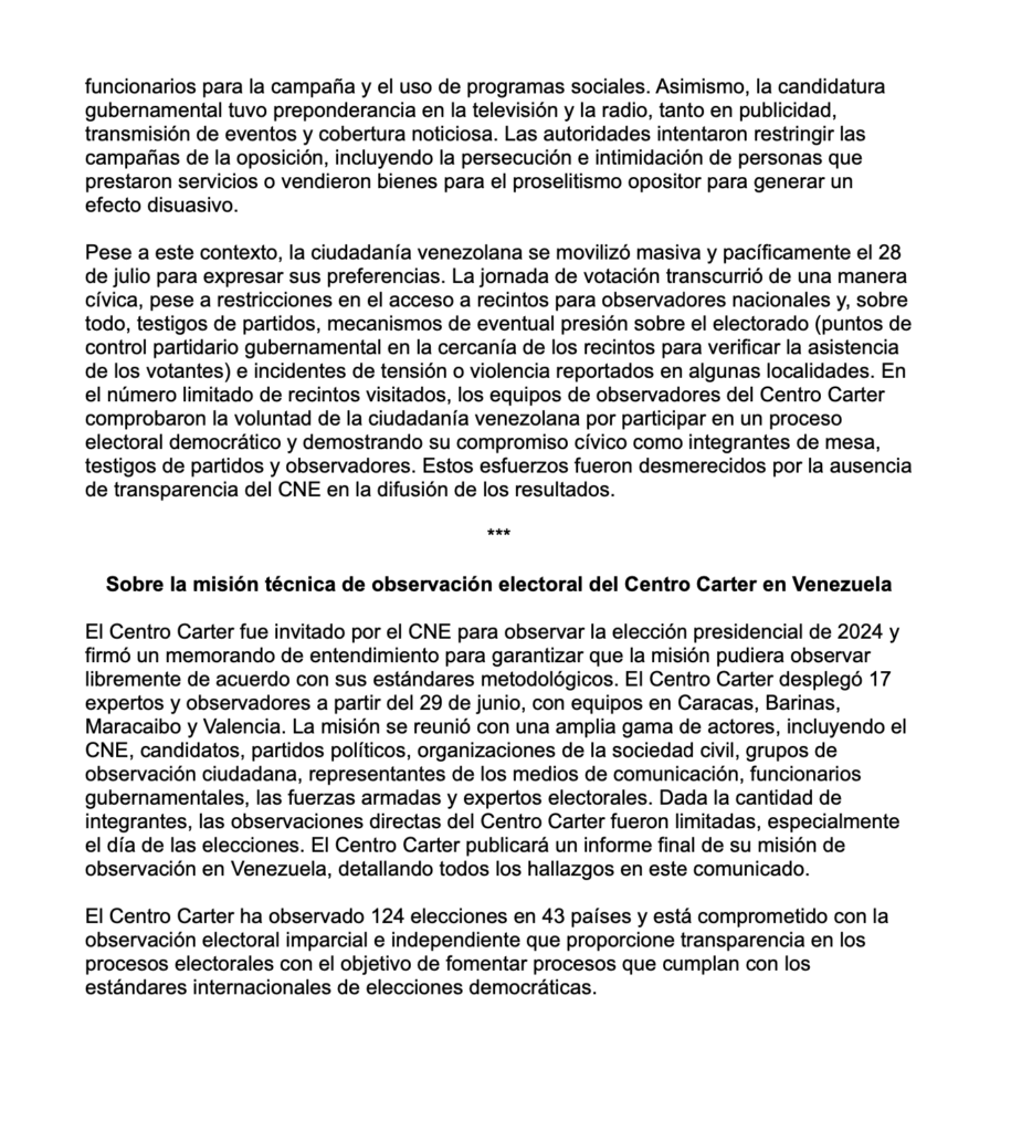 Centro Carter considera que elecciones de Venezuela no se “adecuaron” a estándares internacionales