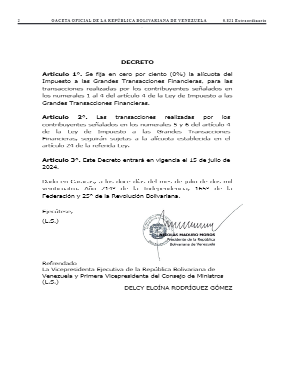 Derogación del 2 % del IGTF entrará en vigencia el 15-Jul