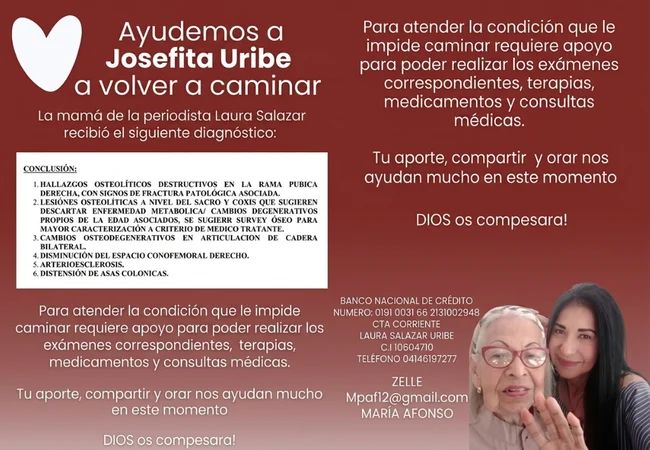 Josefita Uribe, madre de la periodista Laura Salazar, necesita ayuda para tratar lesiones óseas que le impiden caminar