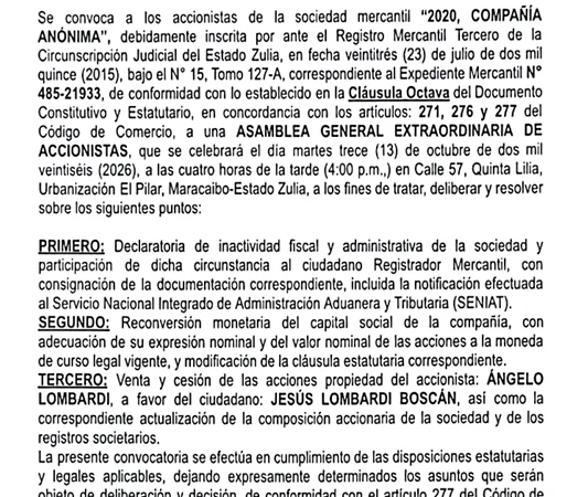 CONVOCATORIA SOCIEDAD MERCANTIL: 2020, C.A.
