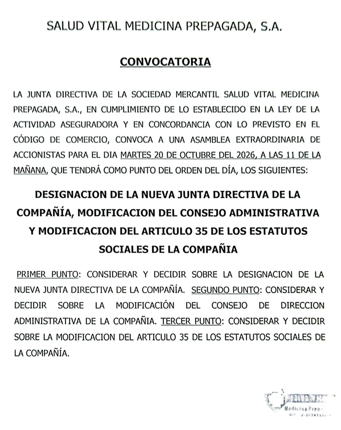 CONVOCATORIA: SALUD VITAL MEDICINA PREPAGADA, S. A.