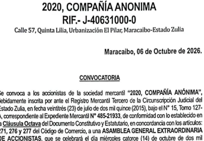 CONVOCATORIA SOCIEDAD MERCANTIL: 2020, C.A.